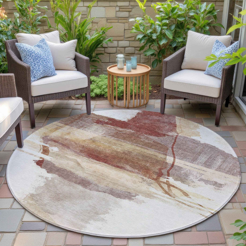 8' Terra Cotta And Ivory Round Abstract Washable Indoor Outdoor Area Rug