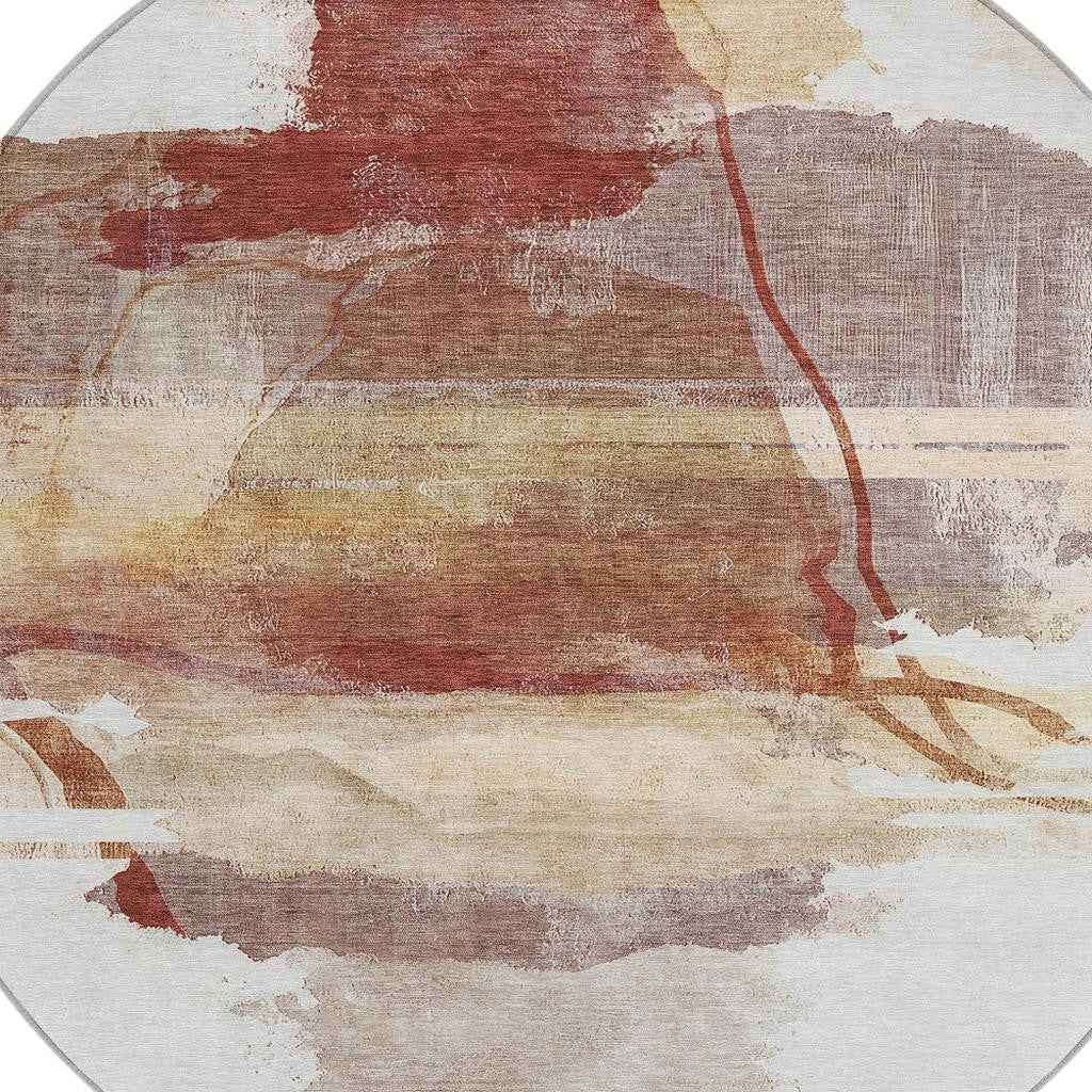 8' Terra Cotta And Ivory Round Abstract Washable Indoor Outdoor Area Rug