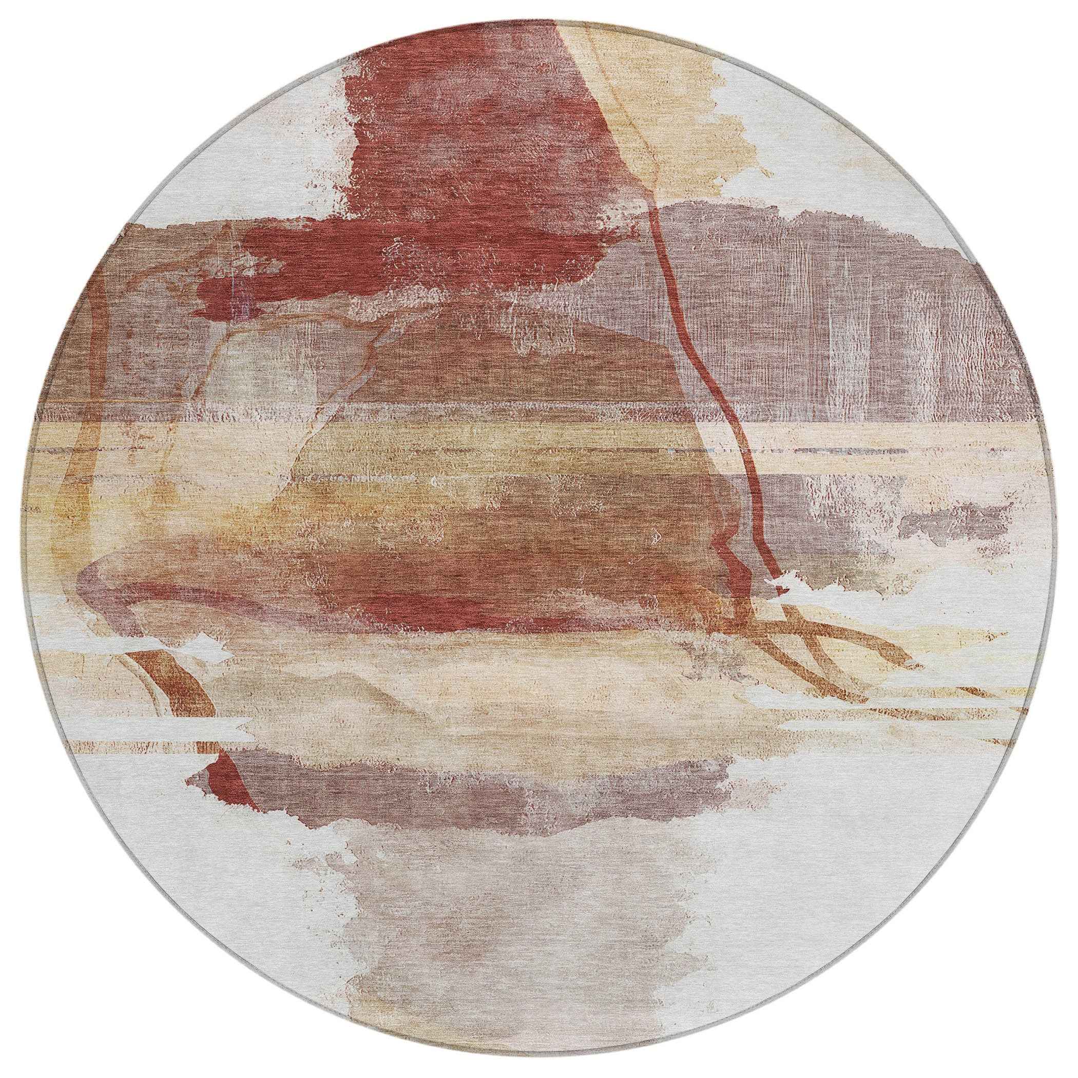 8' Terra Cotta And Ivory Round Abstract Washable Indoor Outdoor Area Rug