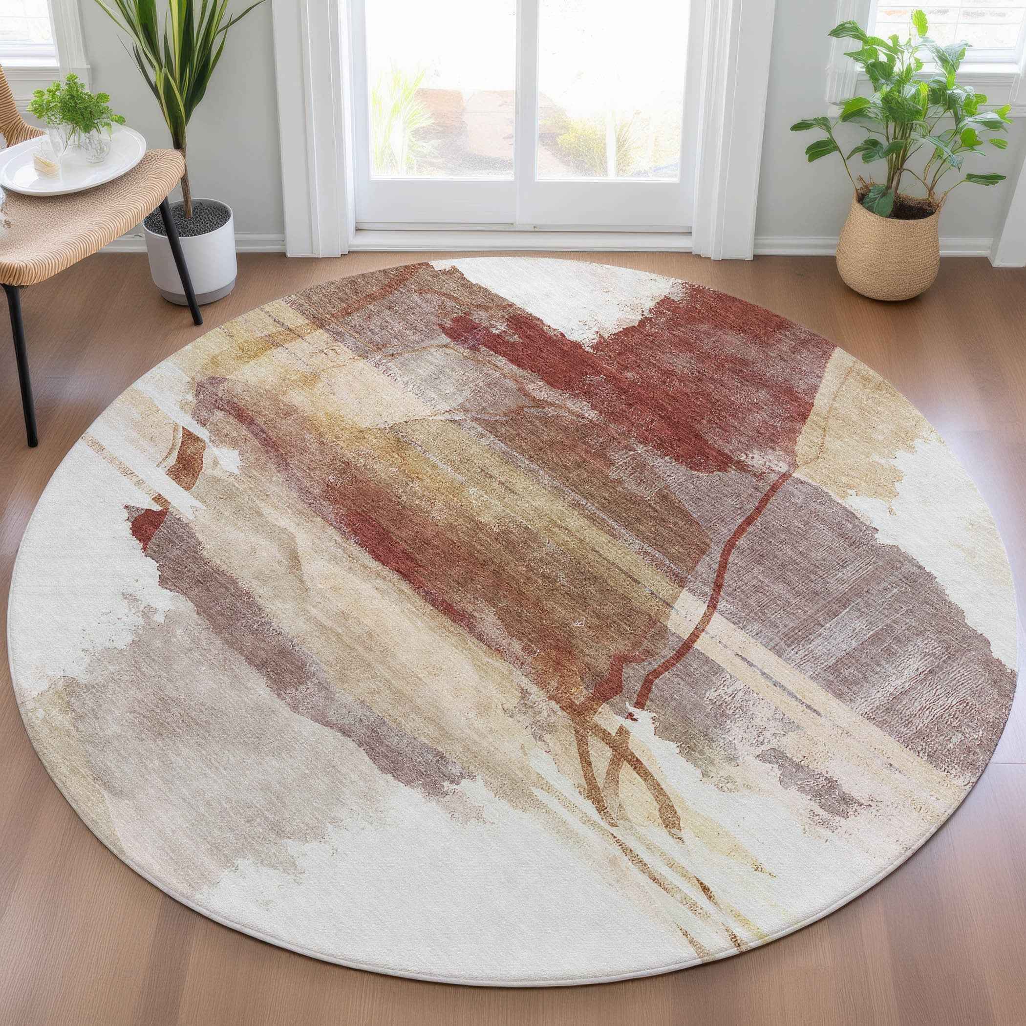 8' Terra Cotta And Ivory Round Abstract Washable Indoor Outdoor Area Rug