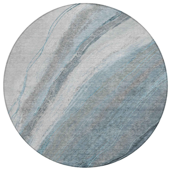 8' Teal Blue And Gray Round Abstract Washable Indoor Outdoor Area Rug