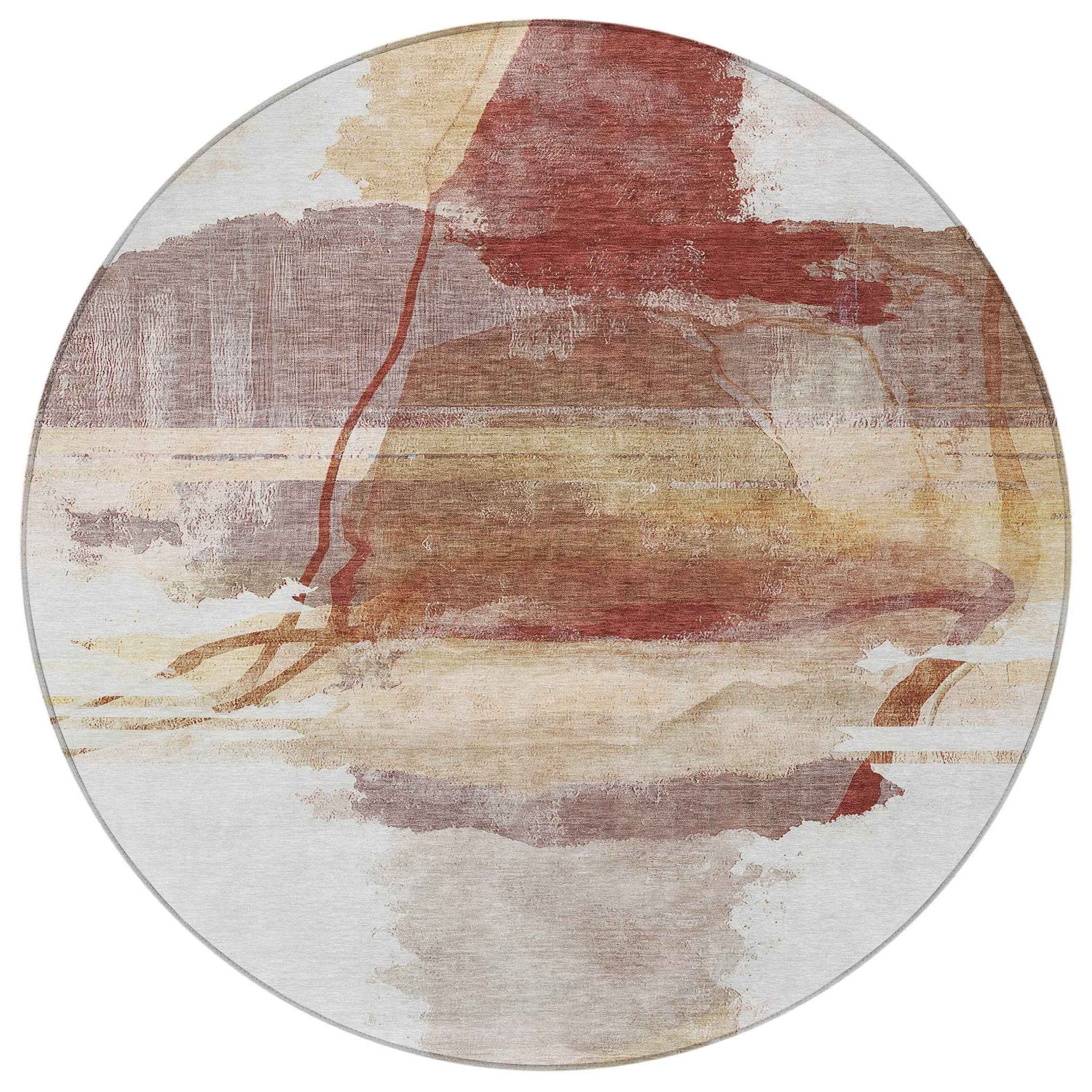 8' Terra Cotta And Ivory Round Abstract Washable Indoor Outdoor Area Rug