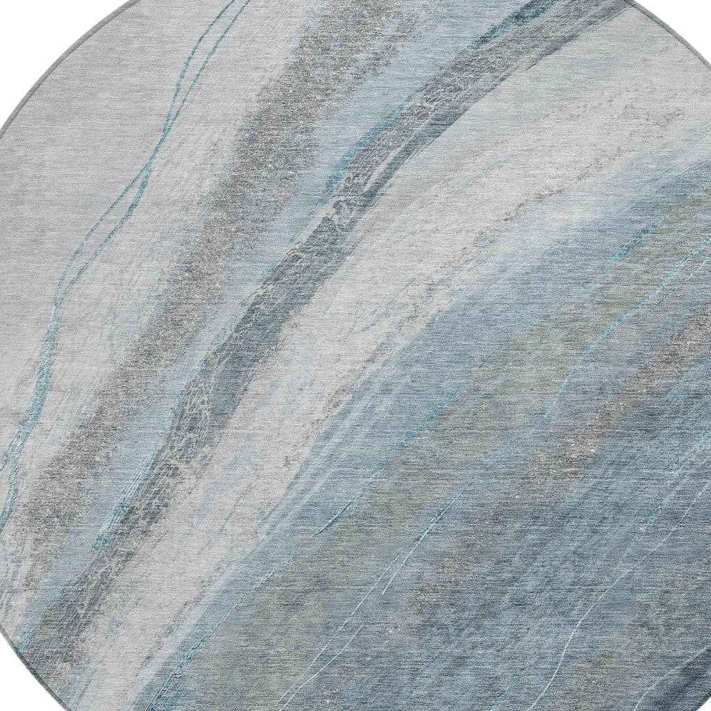 8' Teal Blue And Gray Round Abstract Washable Indoor Outdoor Area Rug