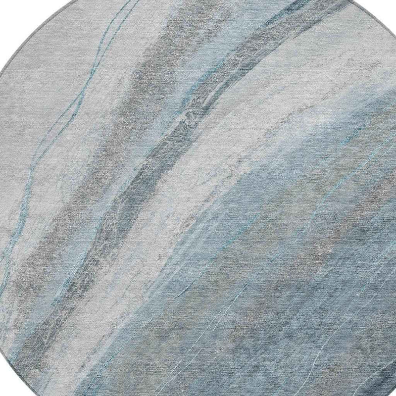 8' Teal Blue And Gray Round Abstract Washable Indoor Outdoor Area Rug