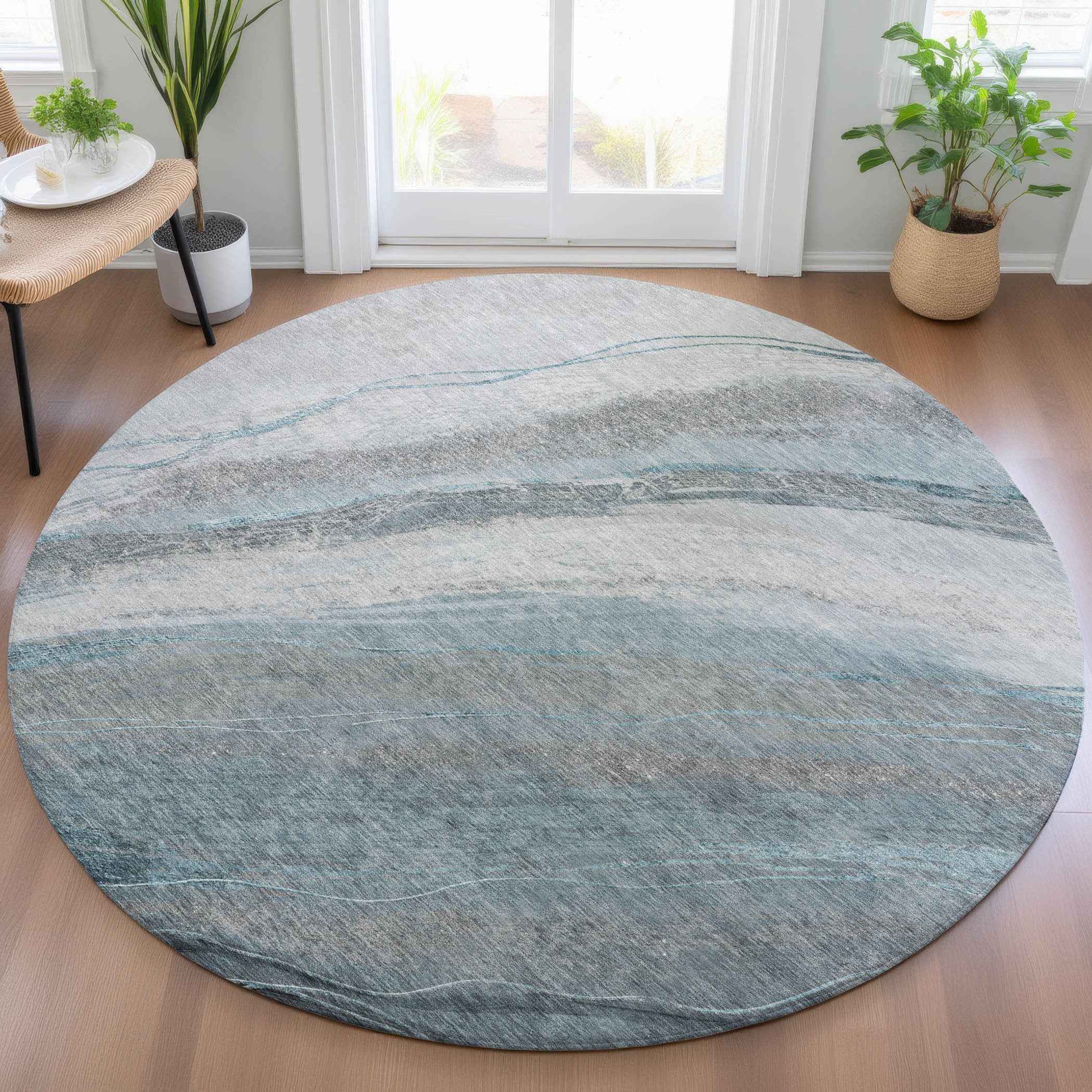8' Teal Blue And Gray Round Abstract Washable Indoor Outdoor Area Rug
