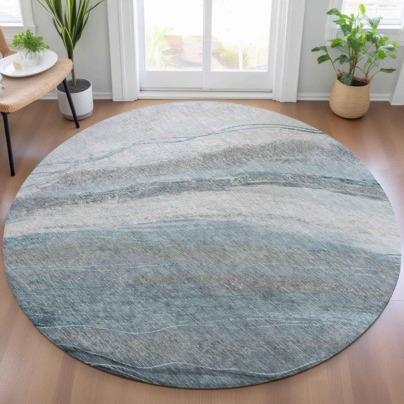 8' Teal Blue And Gray Round Abstract Washable Indoor Outdoor Area Rug