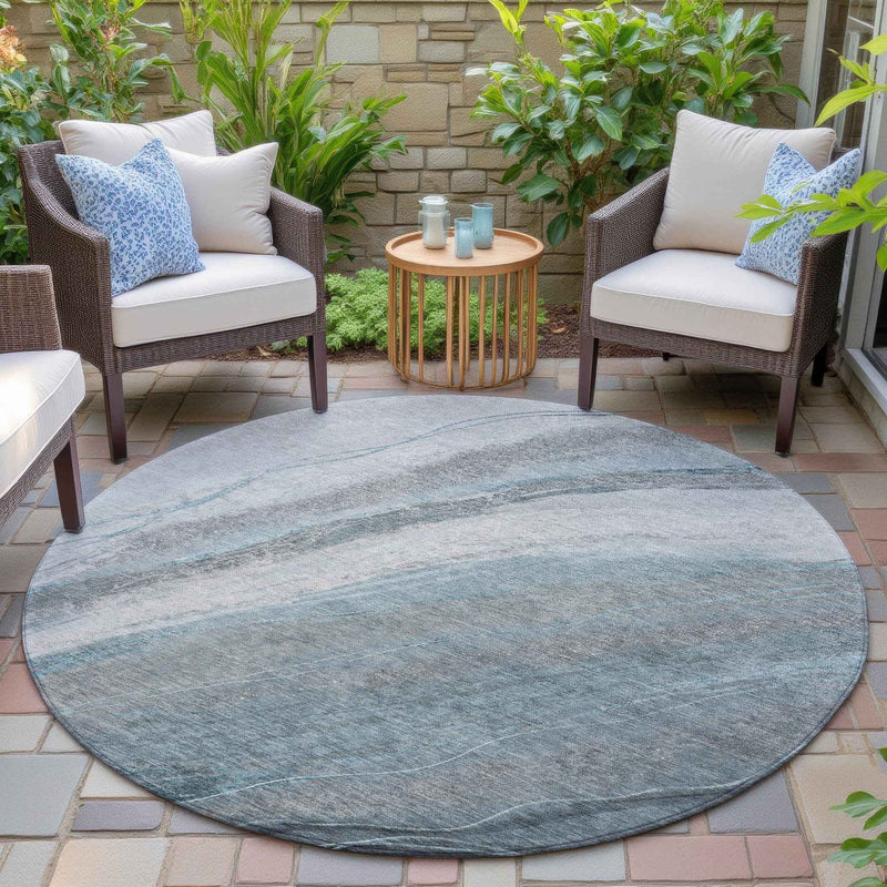 8' Teal Blue And Gray Round Abstract Washable Indoor Outdoor Area Rug