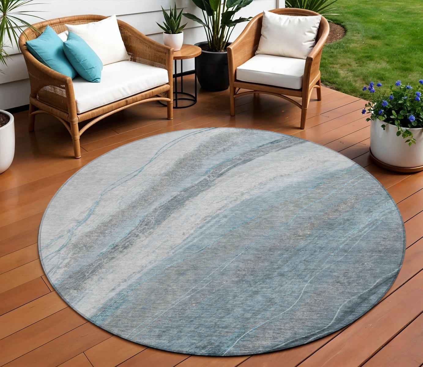 8' Teal Blue And Gray Round Abstract Washable Indoor Outdoor Area Rug