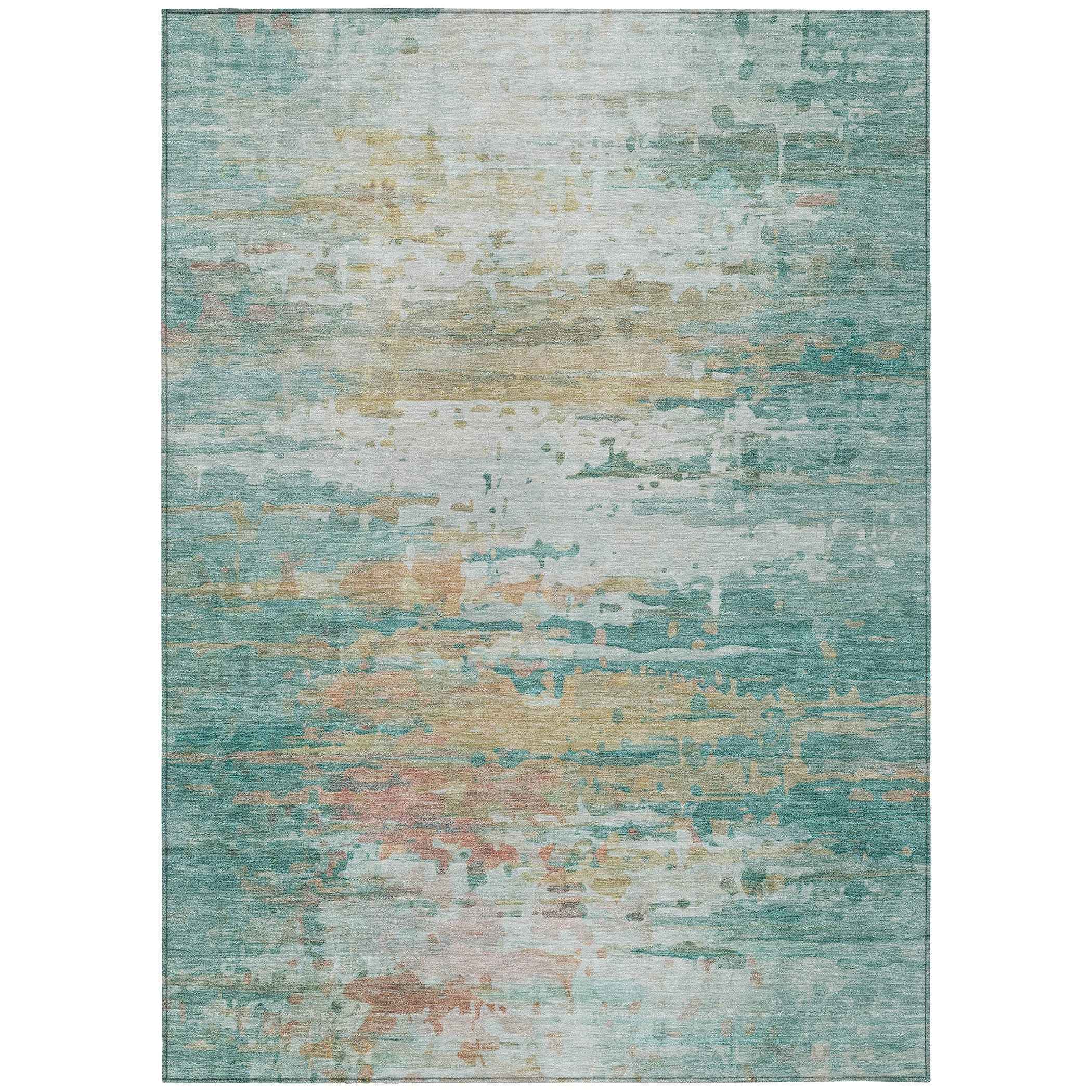 8' X 10' Teal Blue And Beige Abstract Washable Indoor Outdoor Area Rug