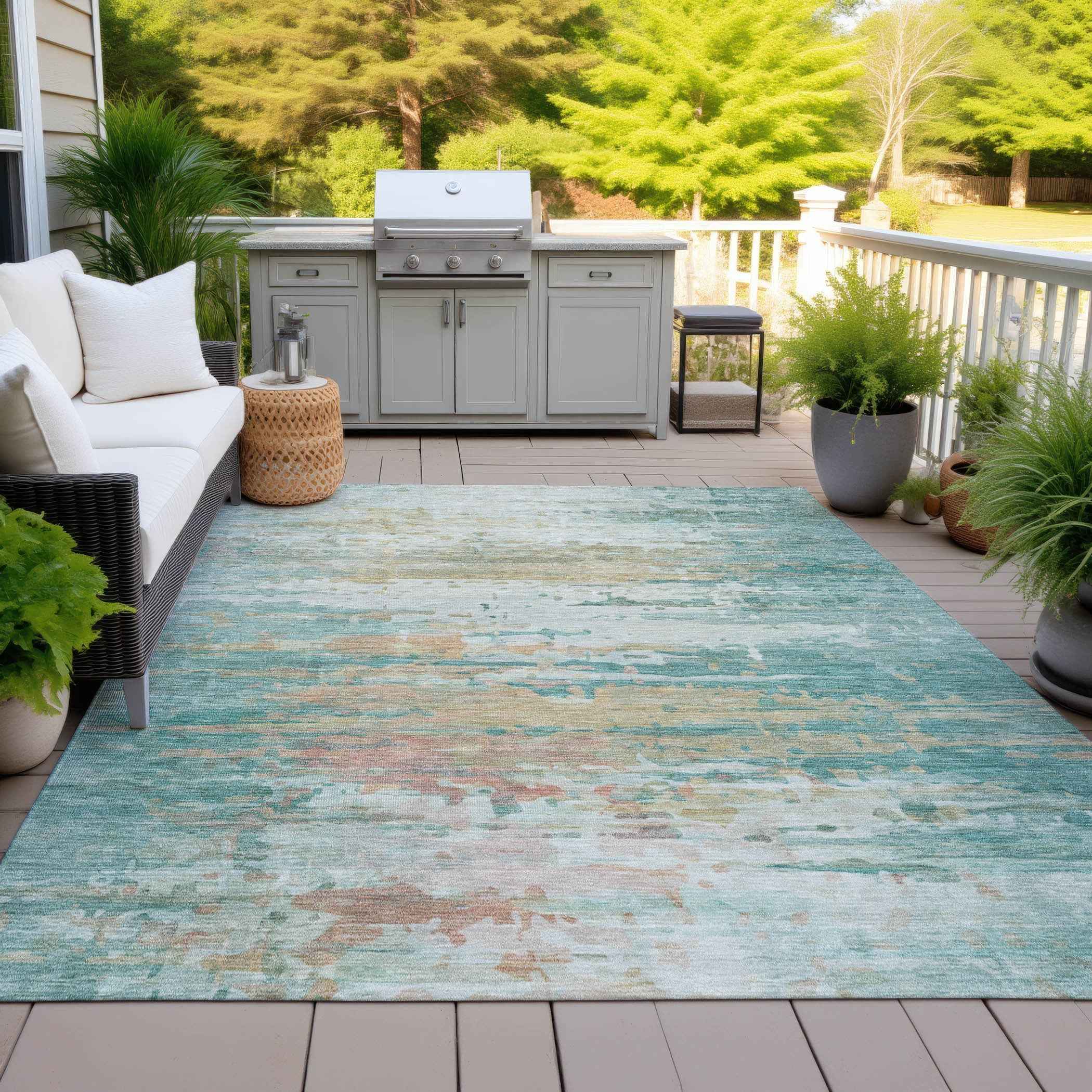 8' X 10' Teal Blue And Beige Abstract Washable Indoor Outdoor Area Rug