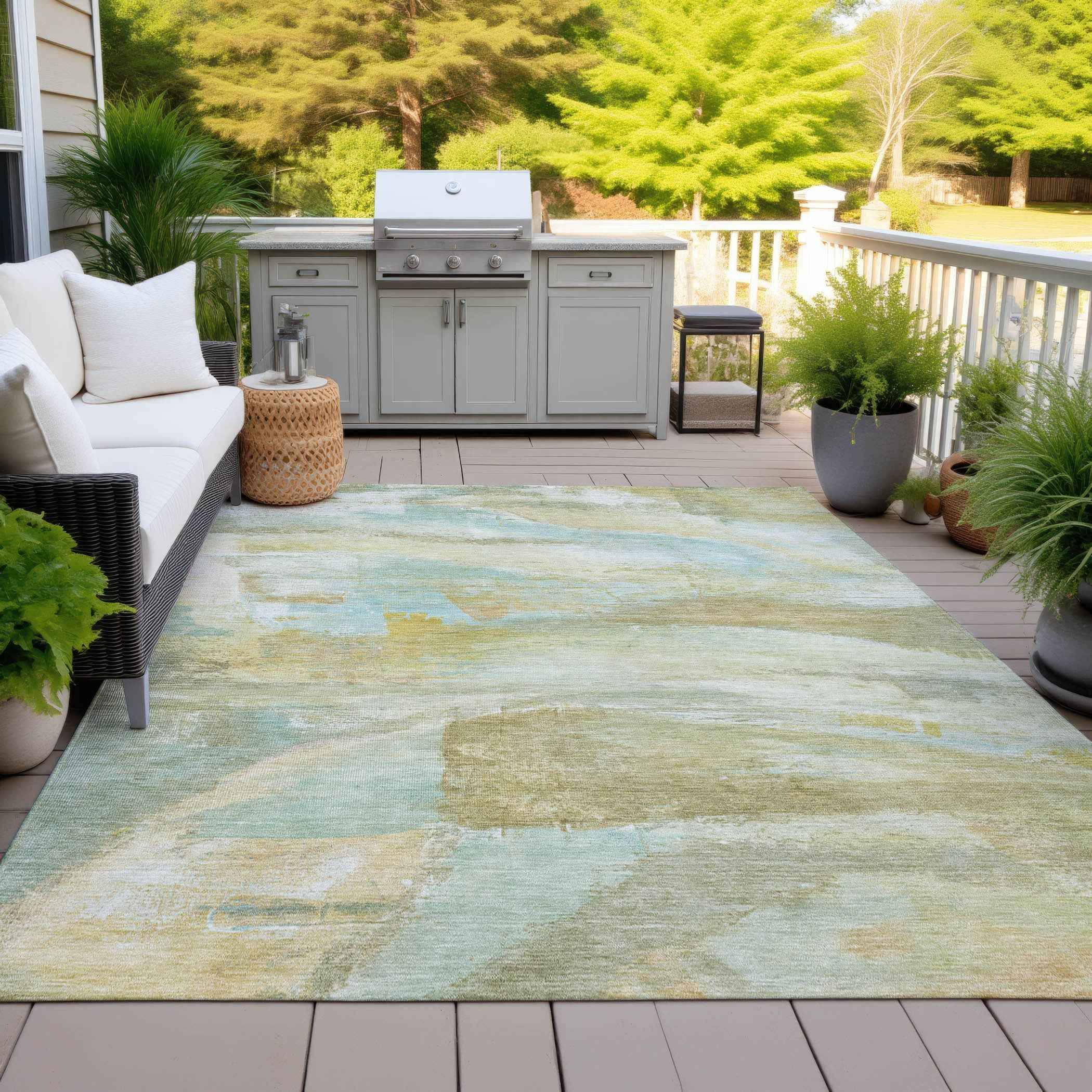 3' X 5' Beige Sky Blue And Ivory Abstract Washable Indoor Outdoor Area Rug
