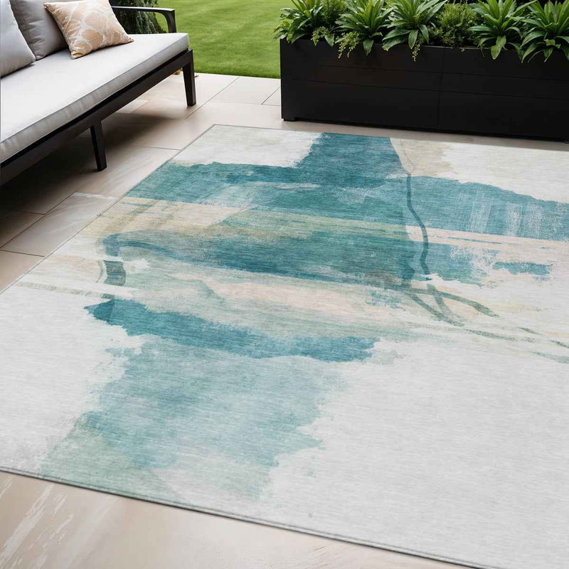 5' X 8' Teal Blue And Ivory Abstract Washable Indoor Outdoor Area Rug