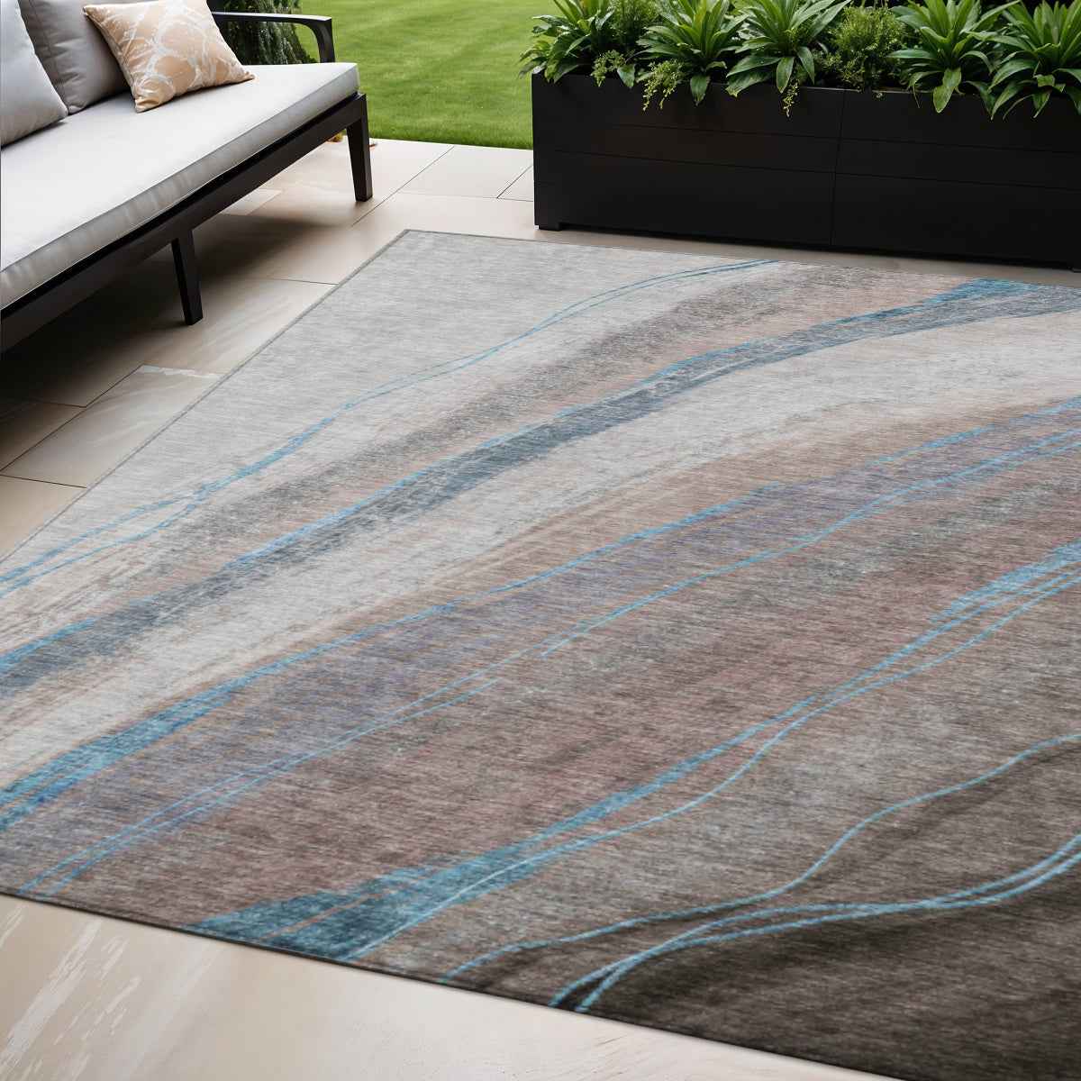 5' X 8' Brown And Teal Blue Abstract Washable Indoor Outdoor Area Rug