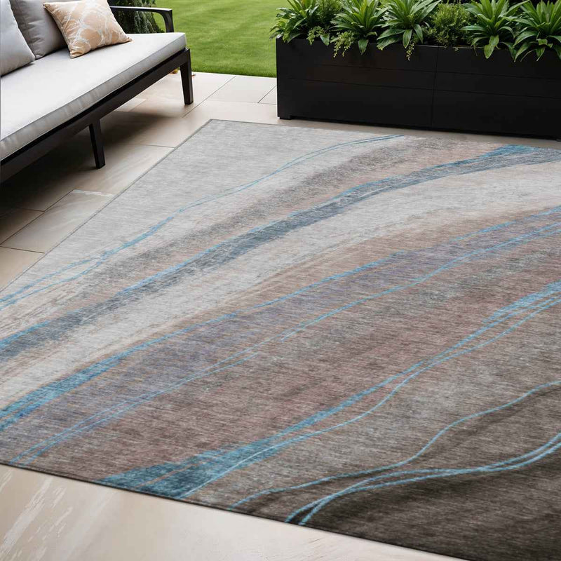 5' X 8' Brown And Teal Blue Abstract Washable Indoor Outdoor Area Rug