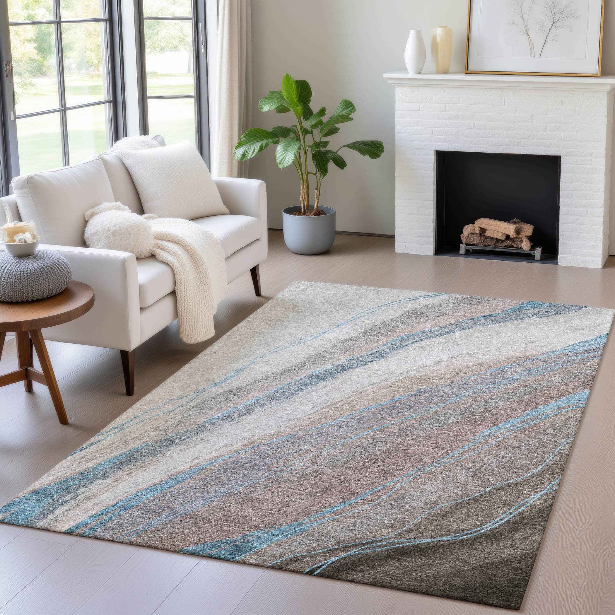 5' X 8' Brown And Teal Blue Abstract Washable Indoor Outdoor Area Rug