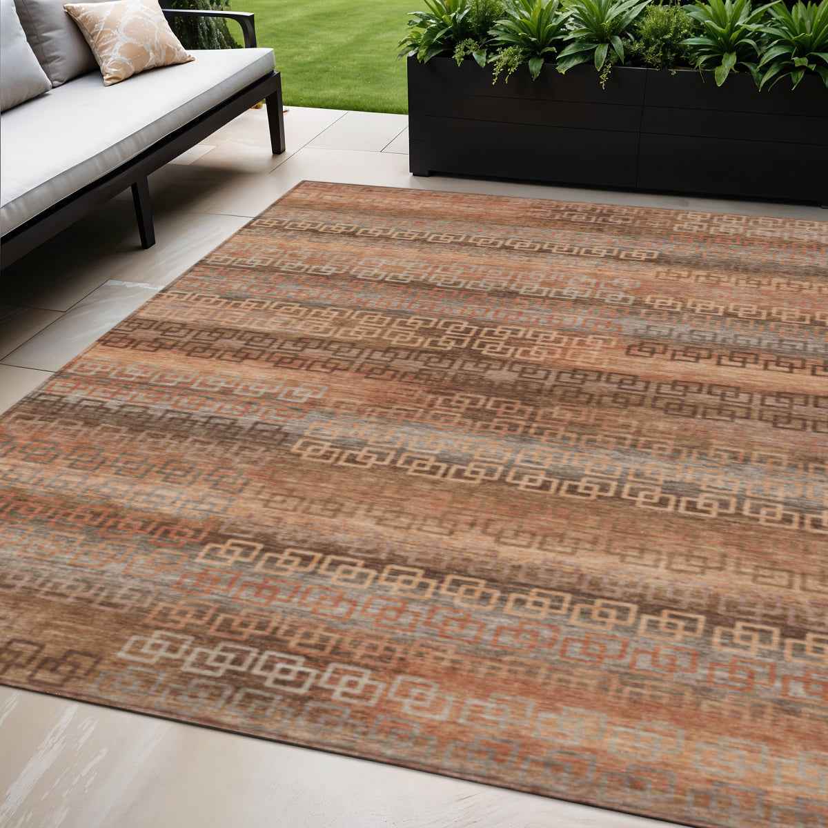 5' X 8' Copper And Peach Striped Washable Indoor Outdoor Area Rug