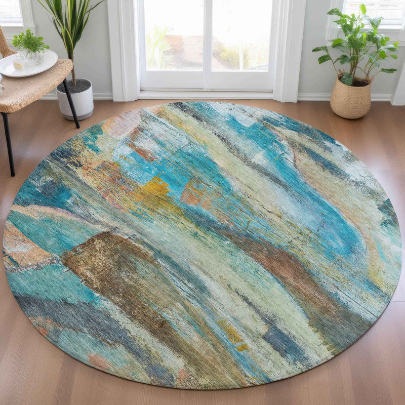 8' Teal Blue Copper And Beige Round Abstract Washable Indoor Outdoor Area Rug