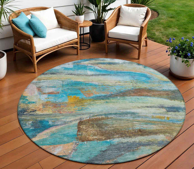 8' Teal Blue Copper And Beige Round Abstract Washable Indoor Outdoor Area Rug