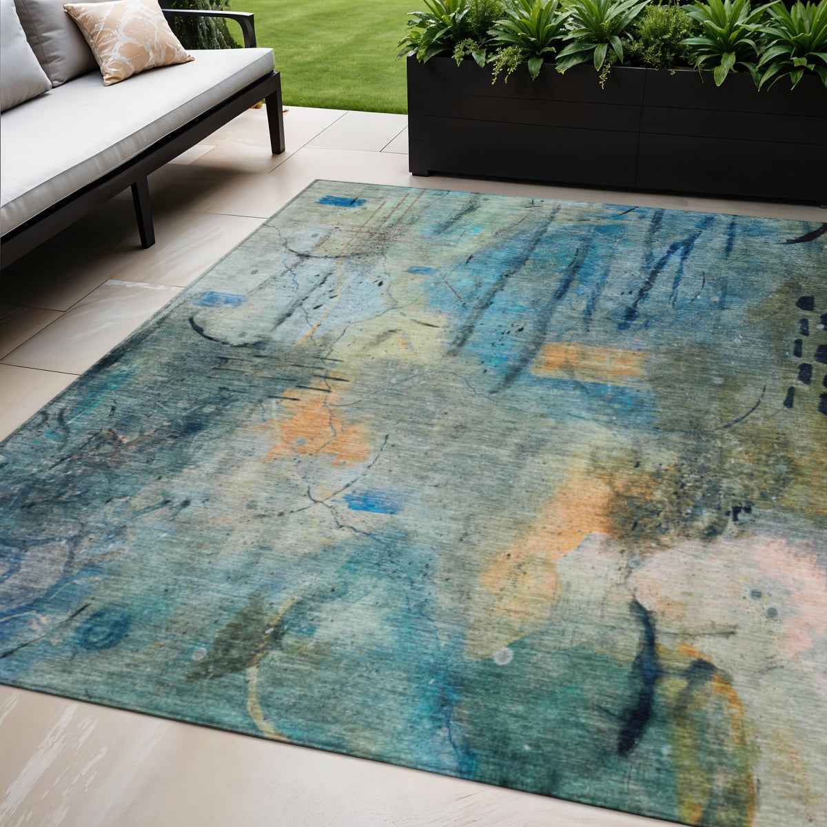 5' X 8' Teal Blue And Gold Abstract Washable Indoor Outdoor Area Rug