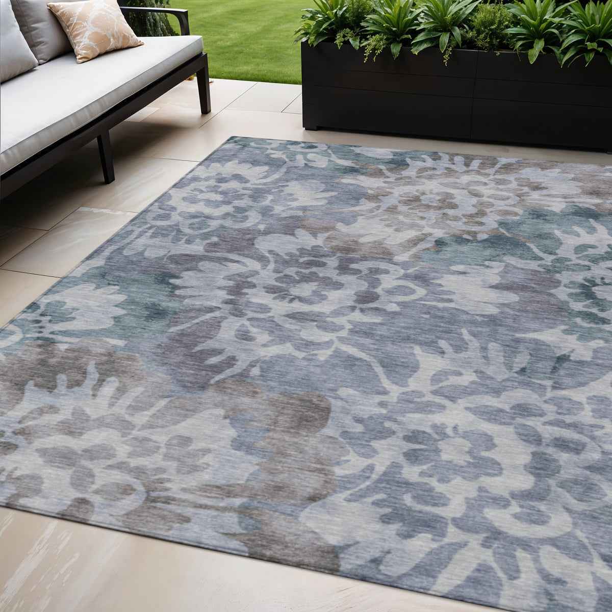 5' X 8' Blue And Silver Floral Washable Indoor Outdoor Area Rug