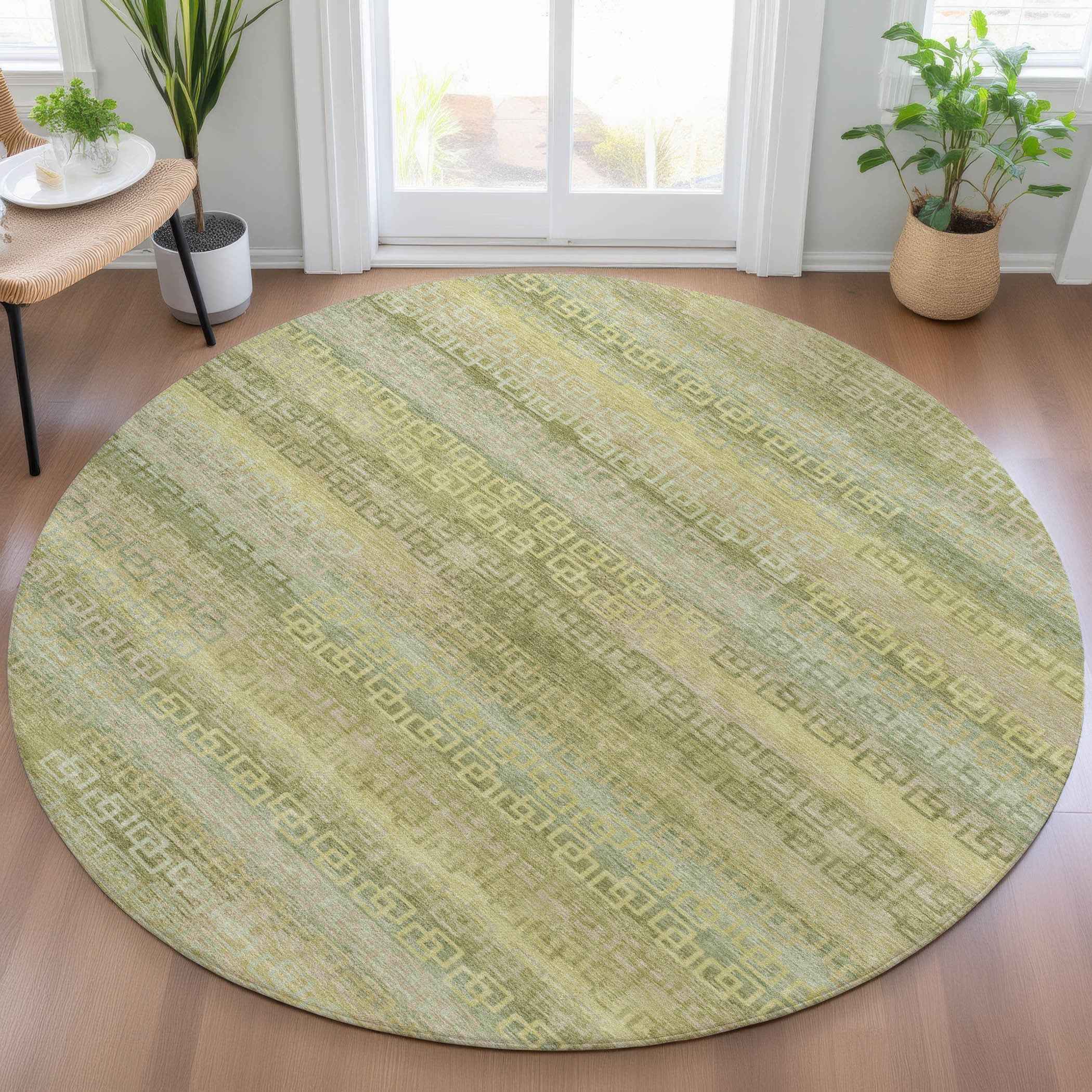 8' Sage And Gold Round Striped Washable Indoor Outdoor Area Rug
