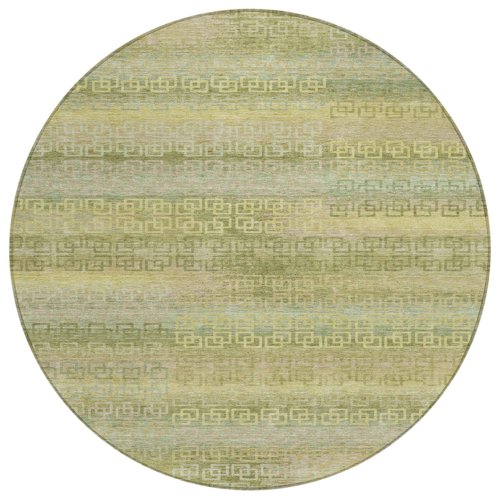8' Sage And Gold Round Striped Washable Indoor Outdoor Area Rug