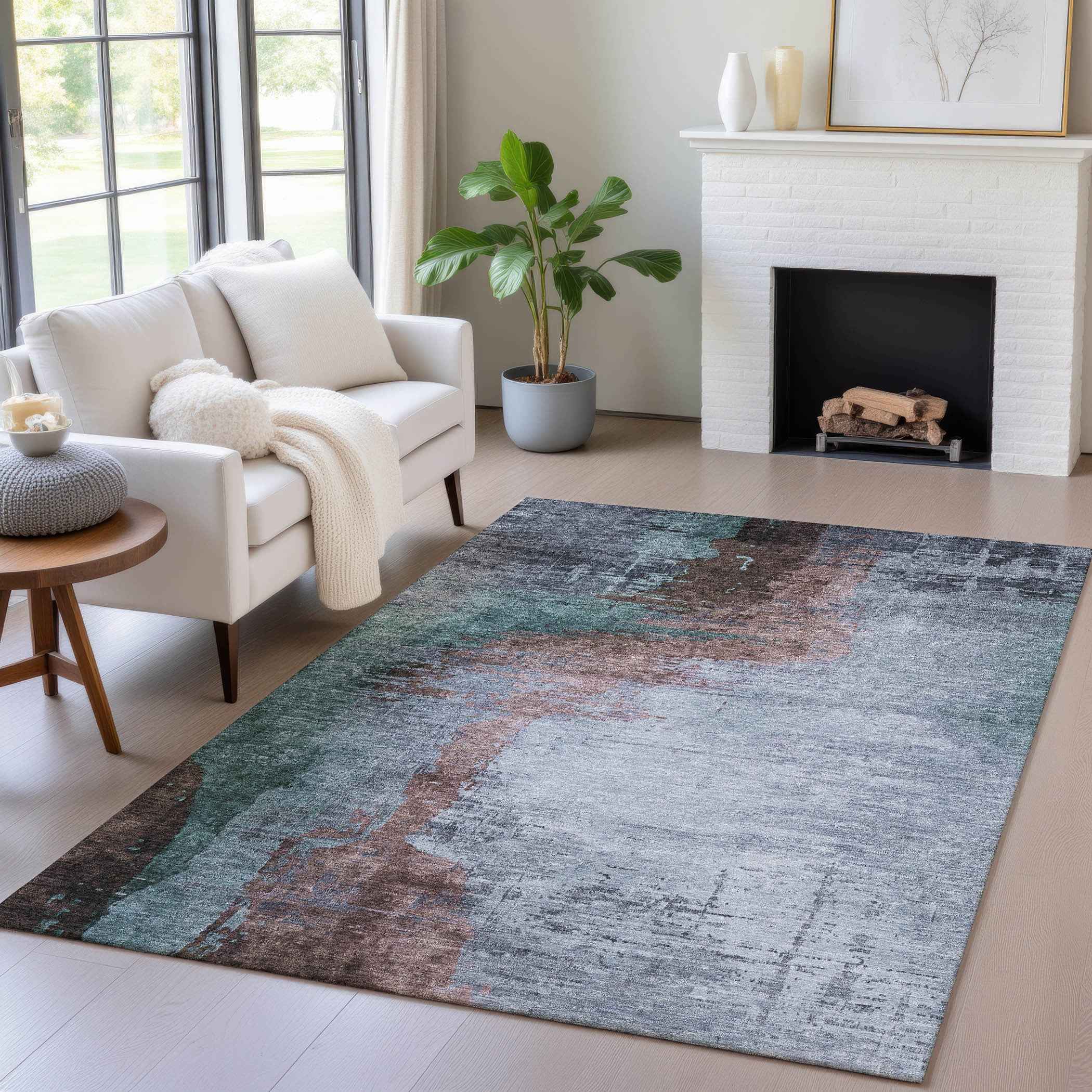 3' X 5' Blue Brown And Mauve Abstract Washable Indoor Outdoor Area Rug