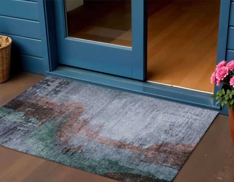 3' X 5' Blue Brown And Mauve Abstract Washable Indoor Outdoor Area Rug
