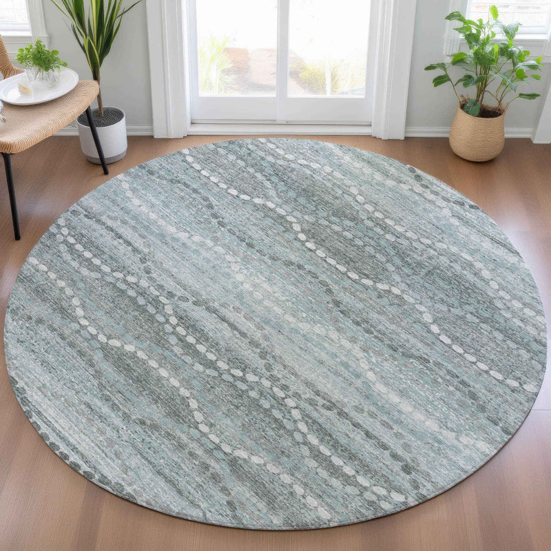 8' Teal Blue And Ivory Round Ogee Washable Indoor Outdoor Area Rug