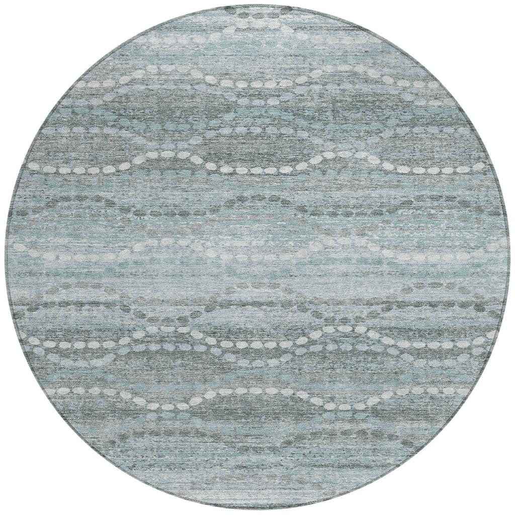 8' Teal Blue And Ivory Round Ogee Washable Indoor Outdoor Area Rug