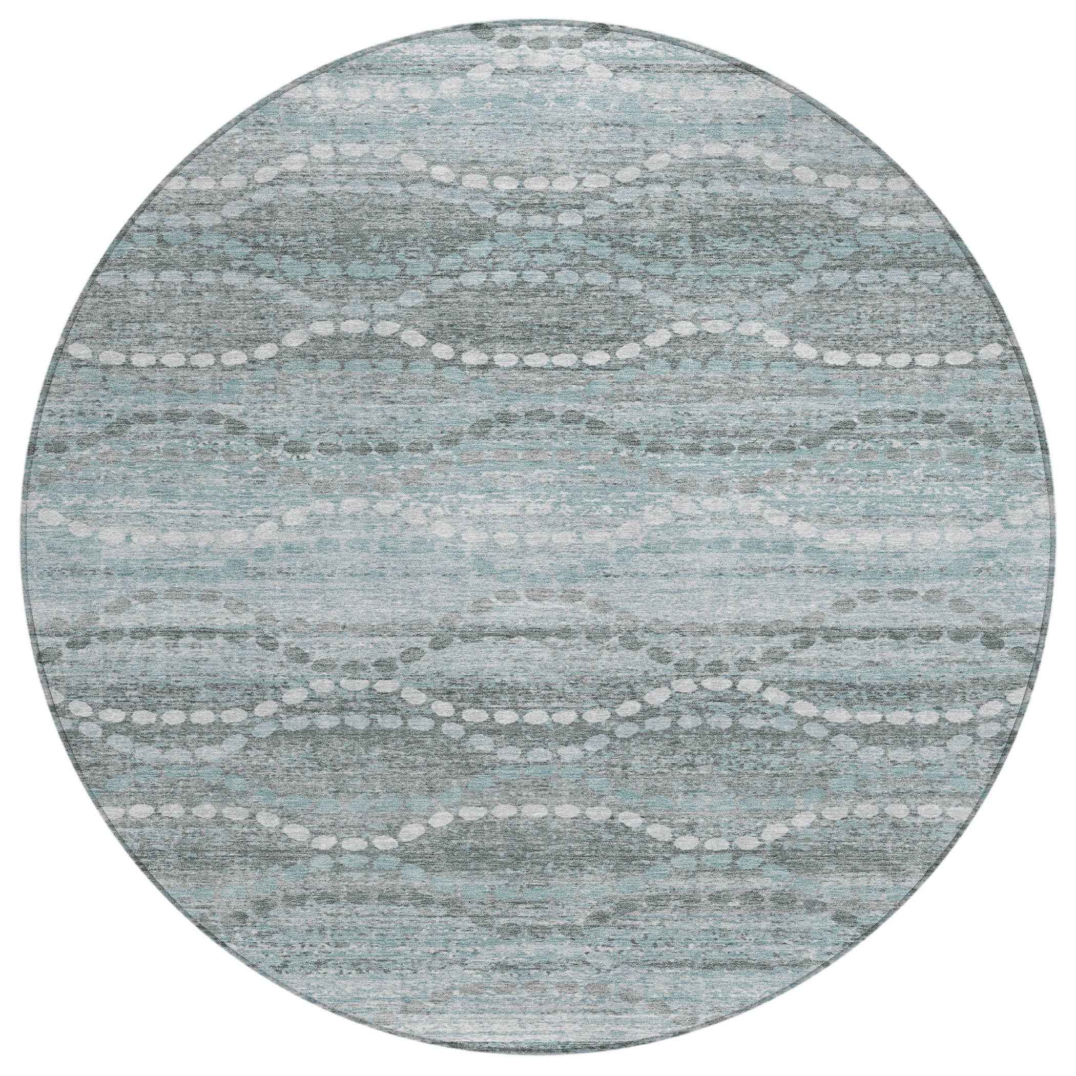 8' Teal Blue And Ivory Round Ogee Washable Indoor Outdoor Area Rug