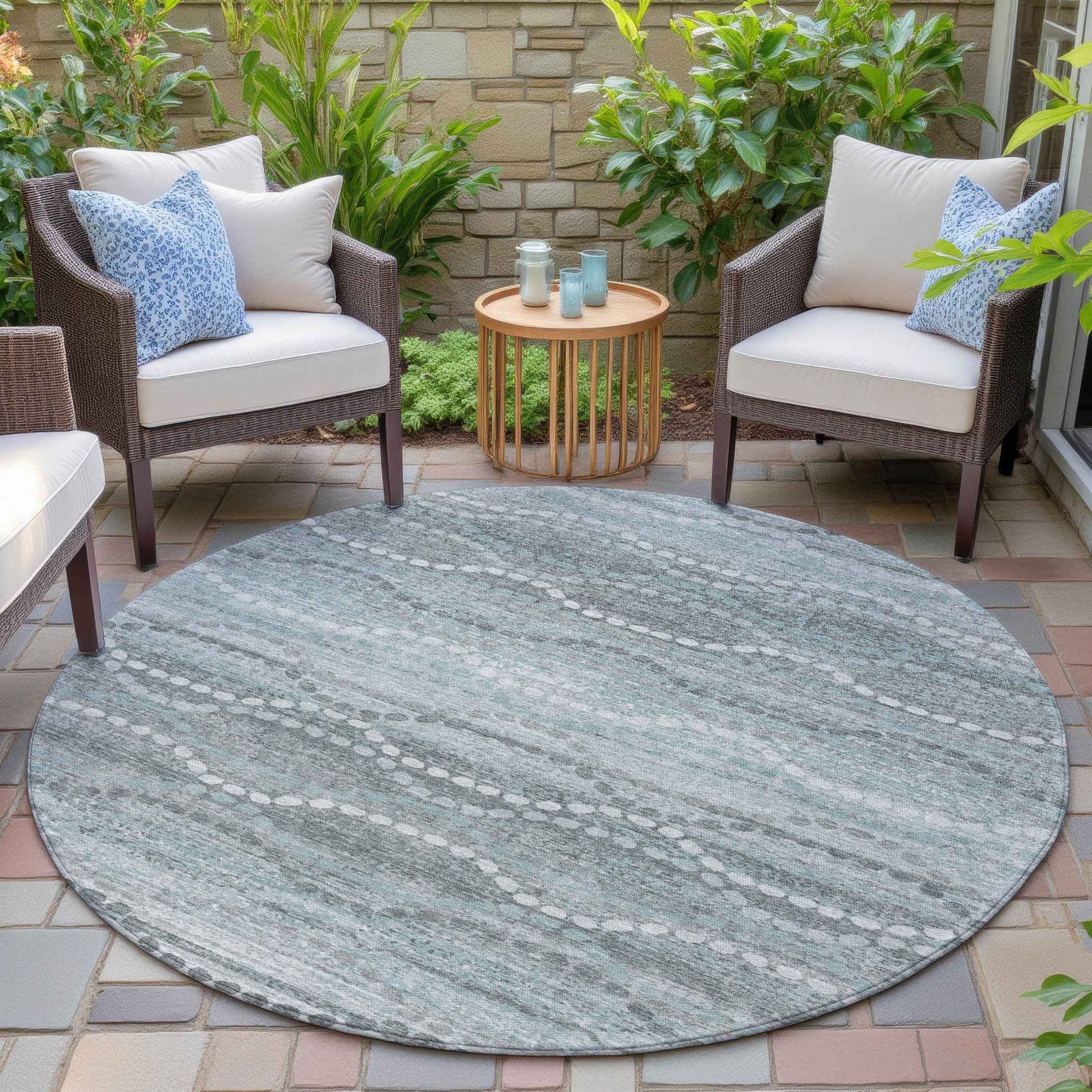 8' Teal Blue And Ivory Round Ogee Washable Indoor Outdoor Area Rug