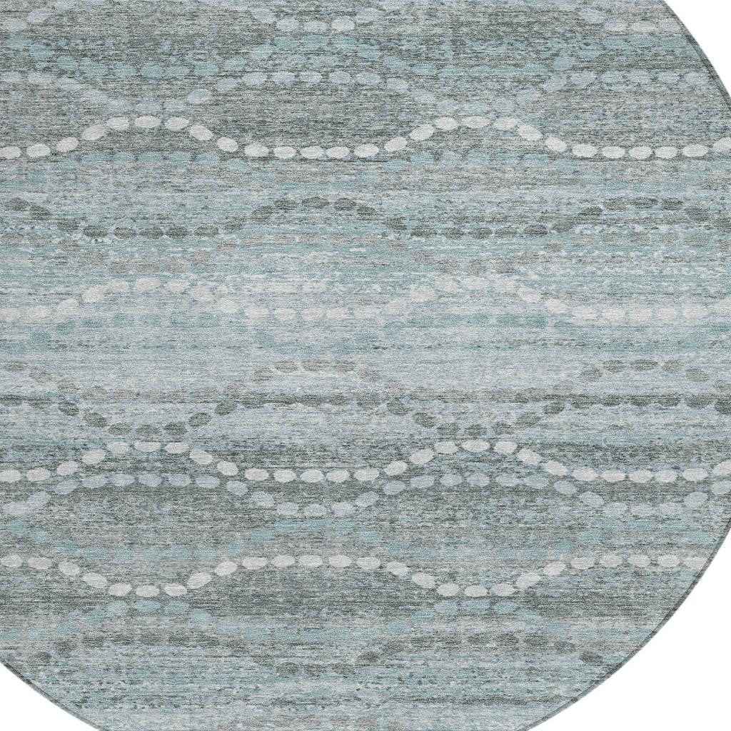 8' Teal Blue And Ivory Round Ogee Washable Indoor Outdoor Area Rug