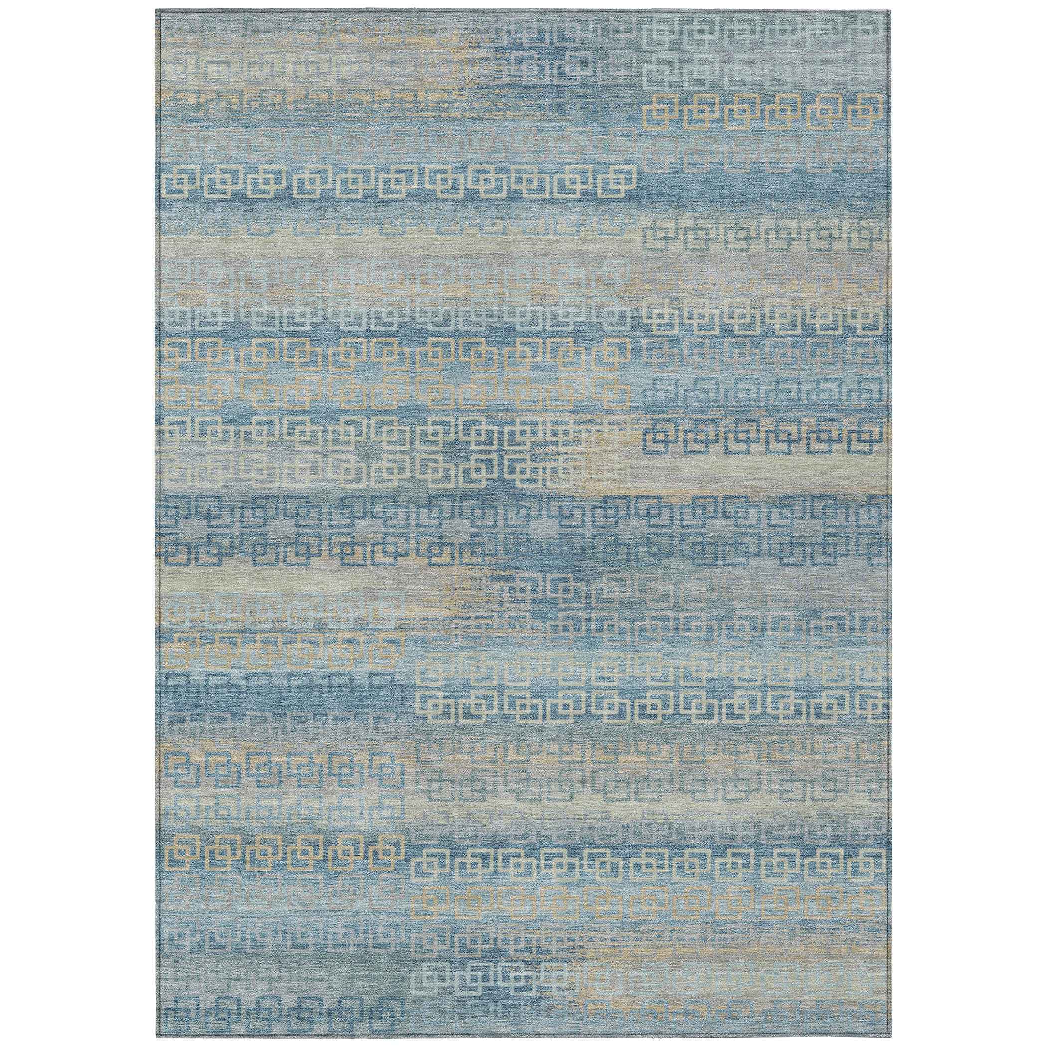 8' X 10' Teal Blue And Beige Striped Washable Indoor Outdoor Area Rug