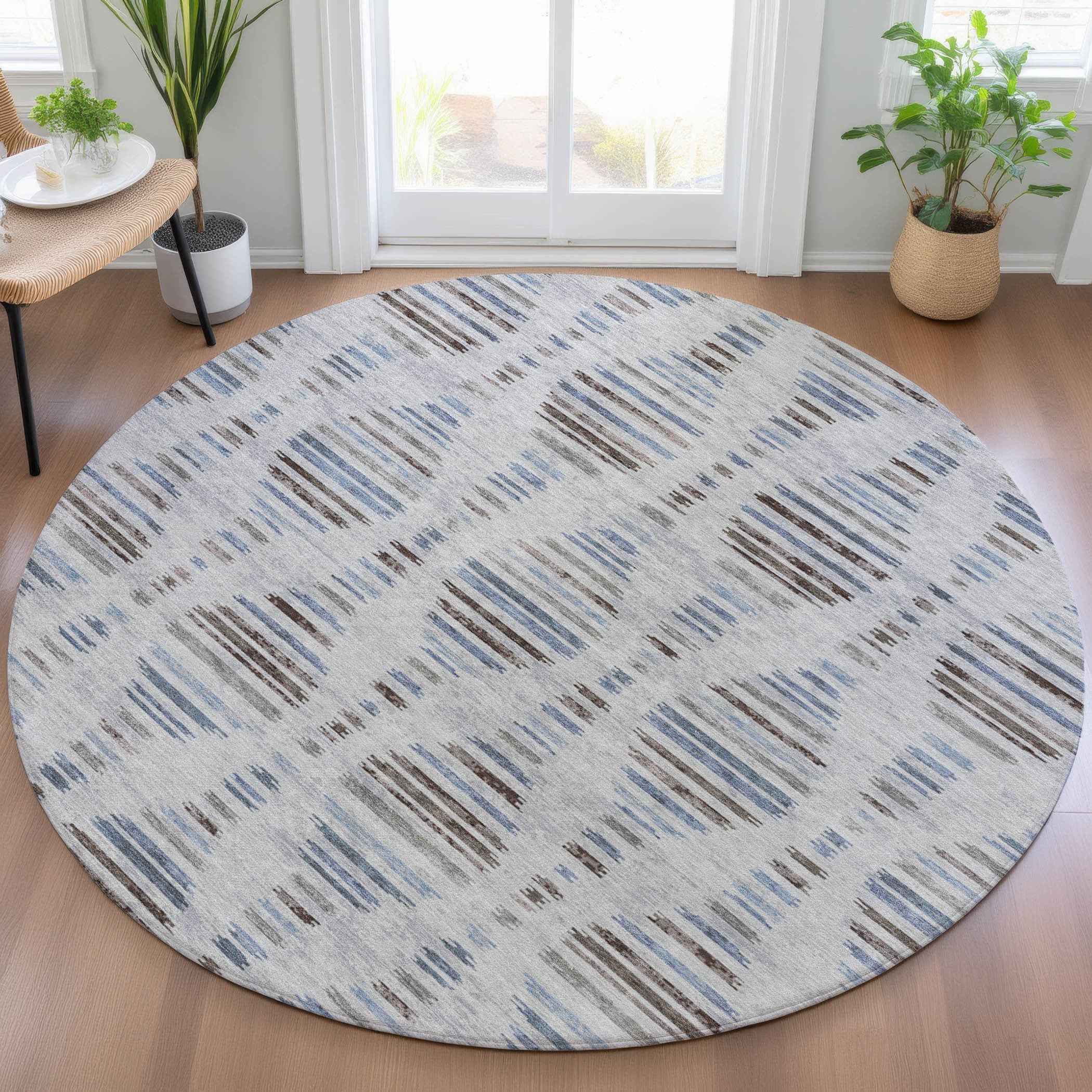 8' Beige And Denim Blue Round Striped Washable Indoor Outdoor Area Rug