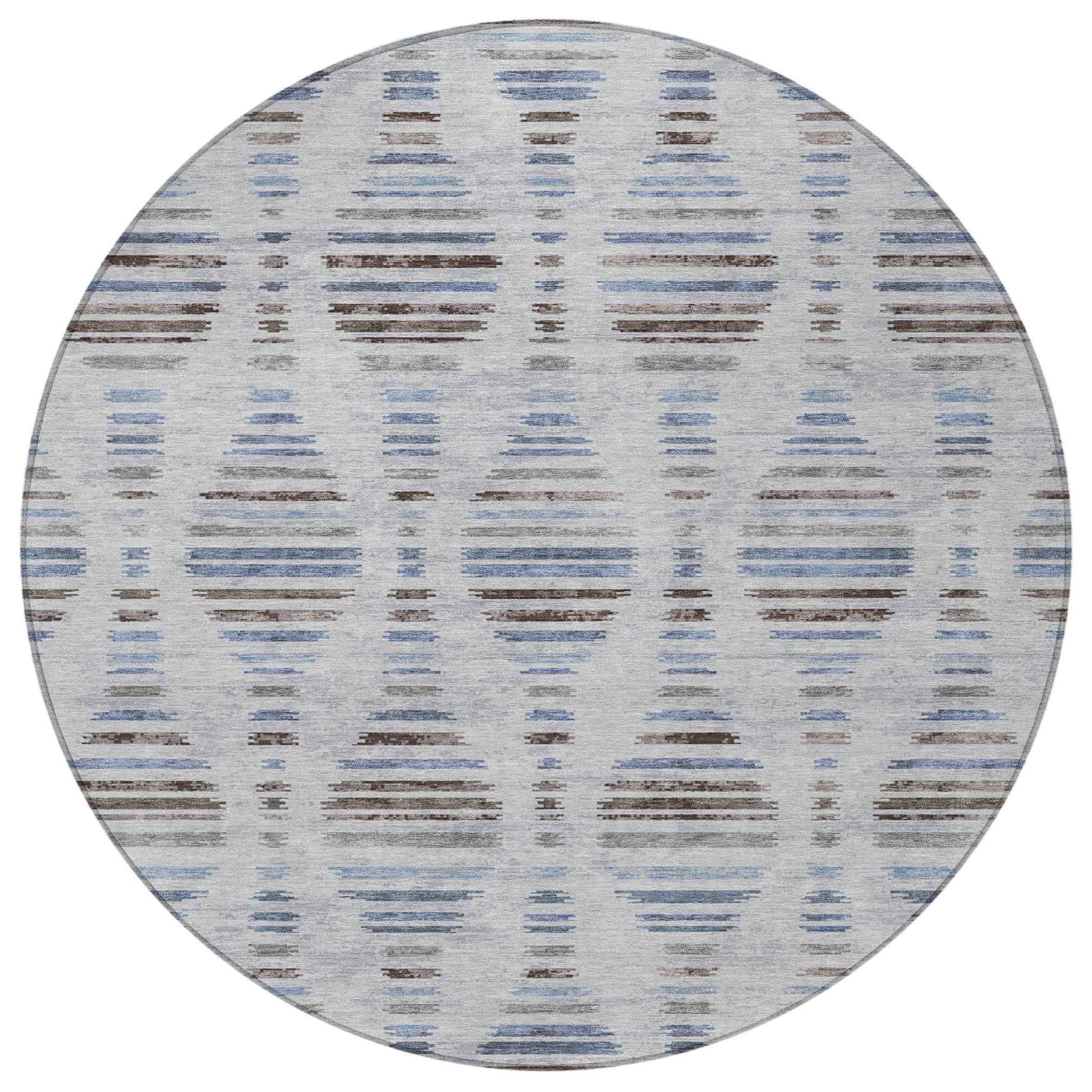 8' Beige And Denim Blue Round Striped Washable Indoor Outdoor Area Rug