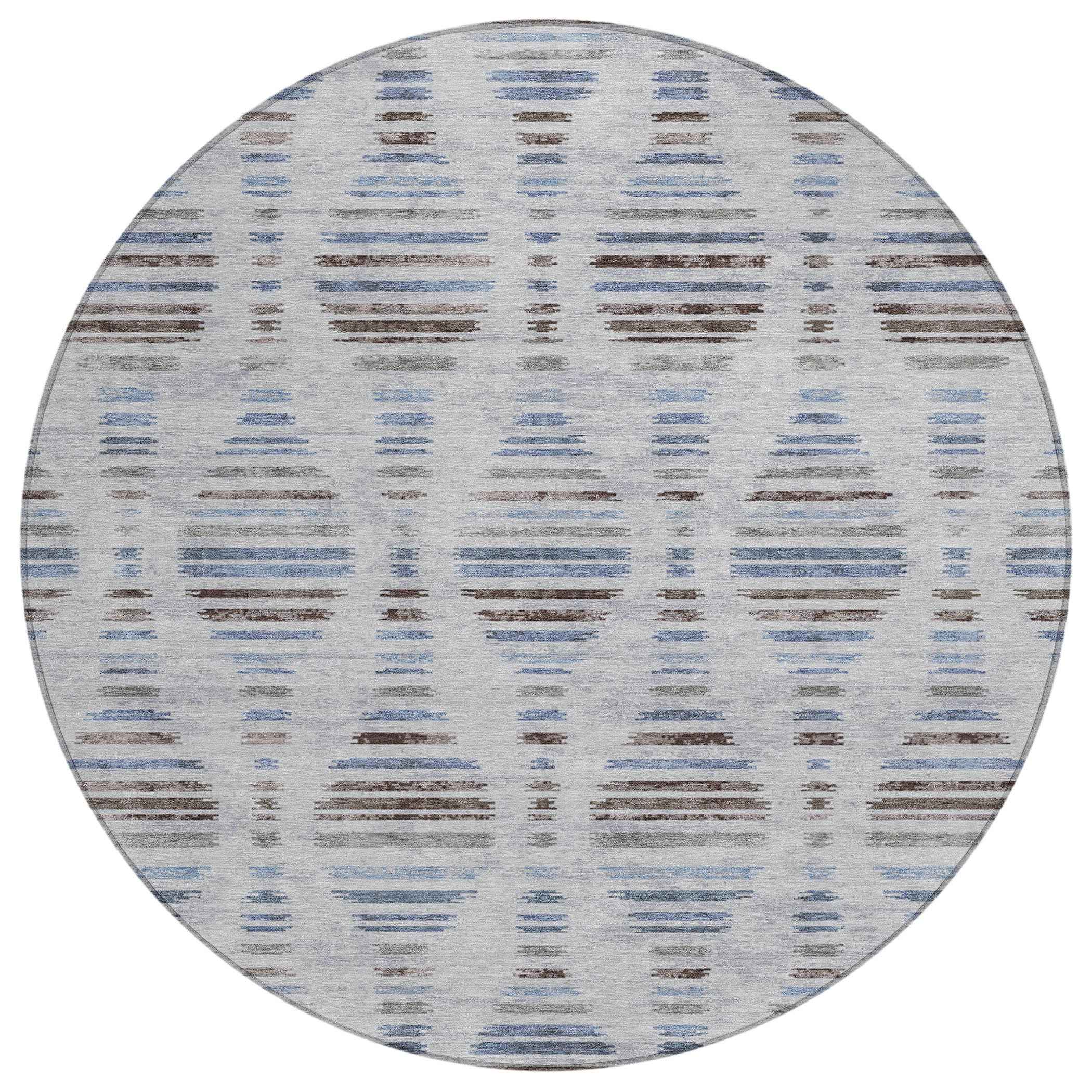 8' Beige And Denim Blue Round Striped Washable Indoor Outdoor Area Rug