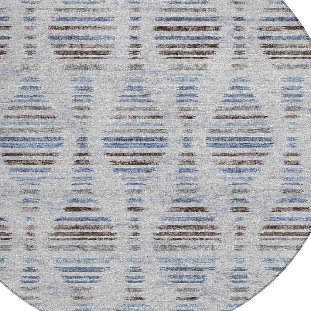 8' Beige And Denim Blue Round Striped Washable Indoor Outdoor Area Rug