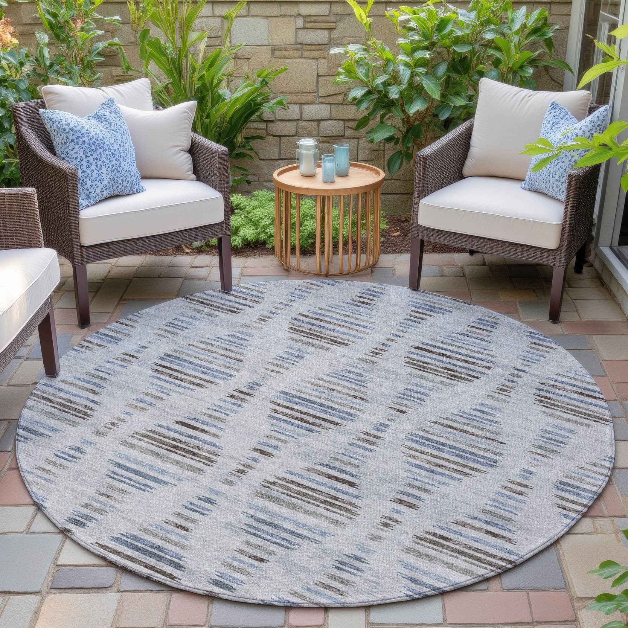 8' Beige And Denim Blue Round Striped Washable Indoor Outdoor Area Rug