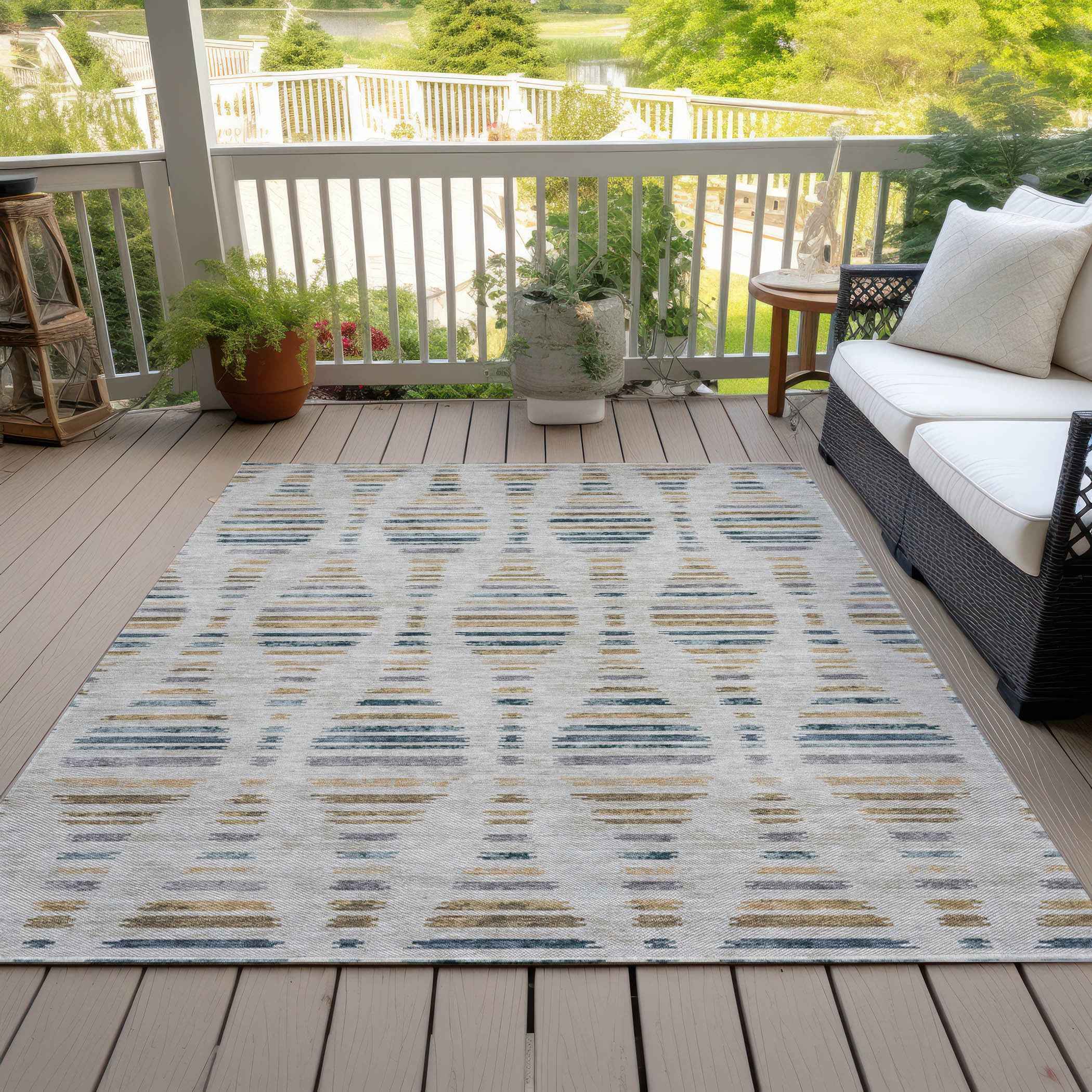 5' X 8' Linen And Navy Blue Striped Washable Indoor Outdoor Area Rug
