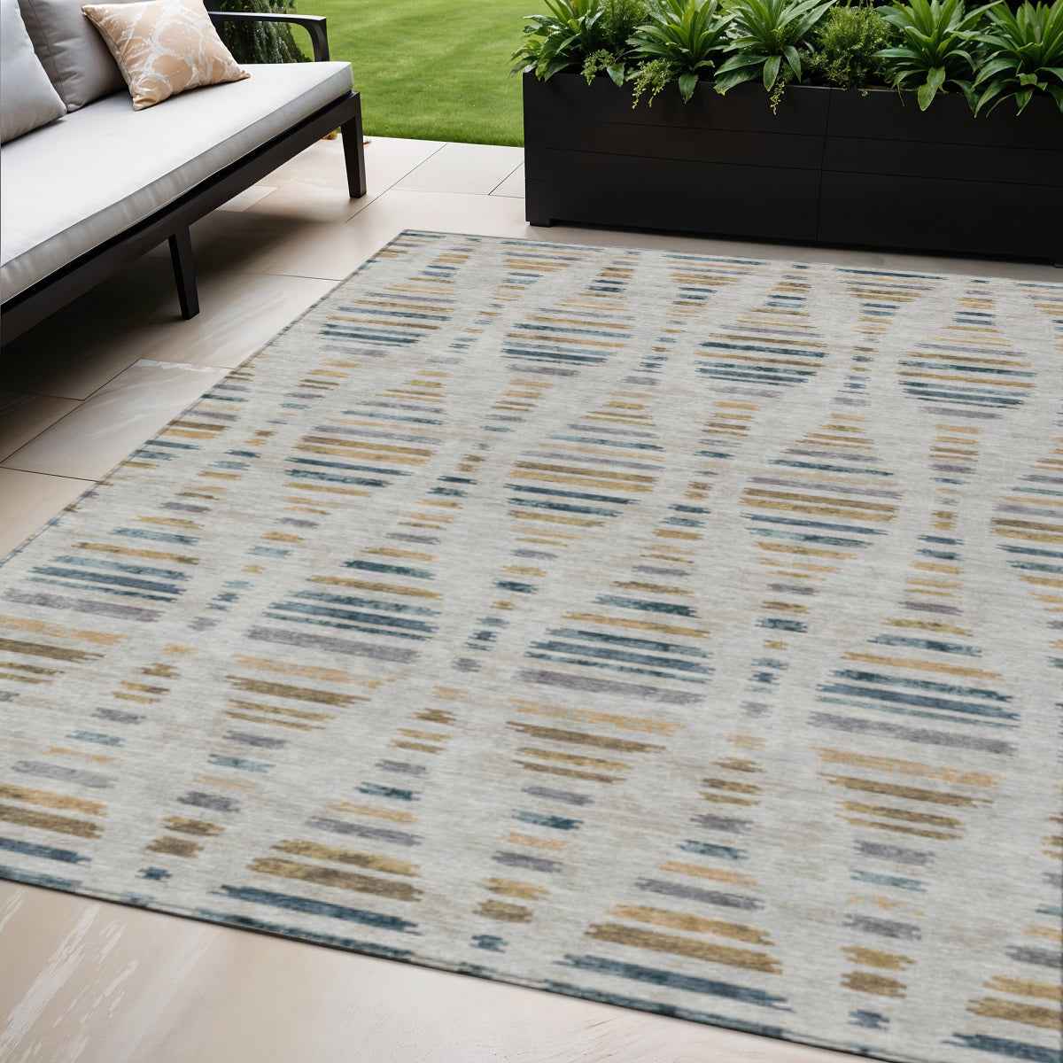 5' X 8' Linen And Navy Blue Striped Washable Indoor Outdoor Area Rug