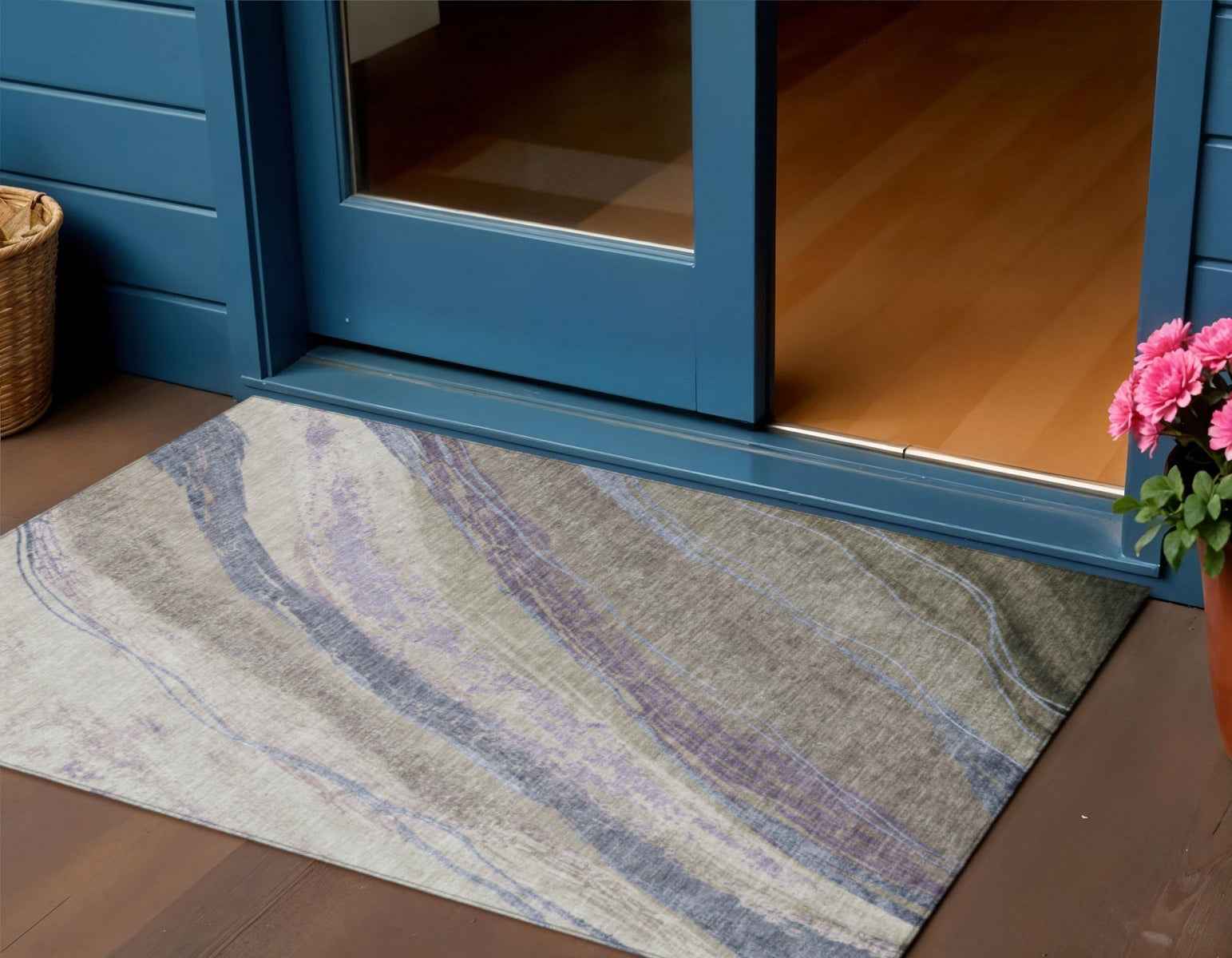 3' X 5' Brown Taupe And Purple Abstract Washable Indoor Outdoor Area Rug