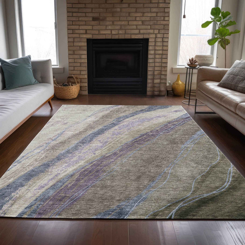 3' X 5' Brown Taupe And Purple Abstract Washable Indoor Outdoor Area Rug