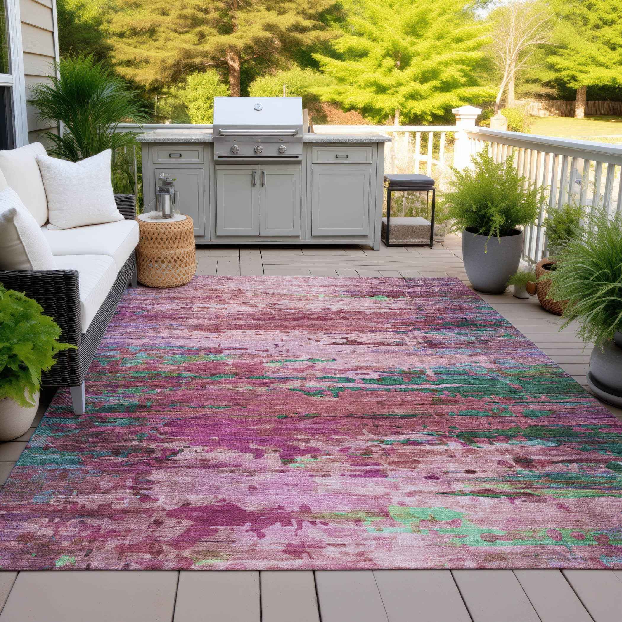 5' X 8' Pink Mauve And Green Abstract Washable Indoor Outdoor Area Rug