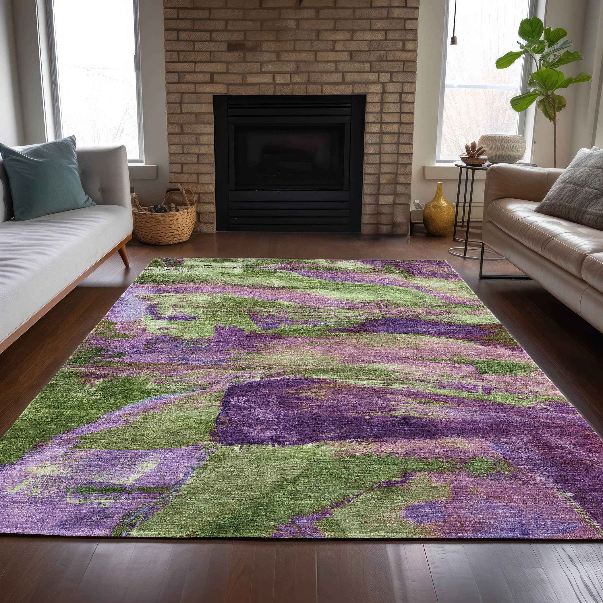 8' X 10' Purple Plum And Green Abstract Washable Indoor Outdoor Area Rug