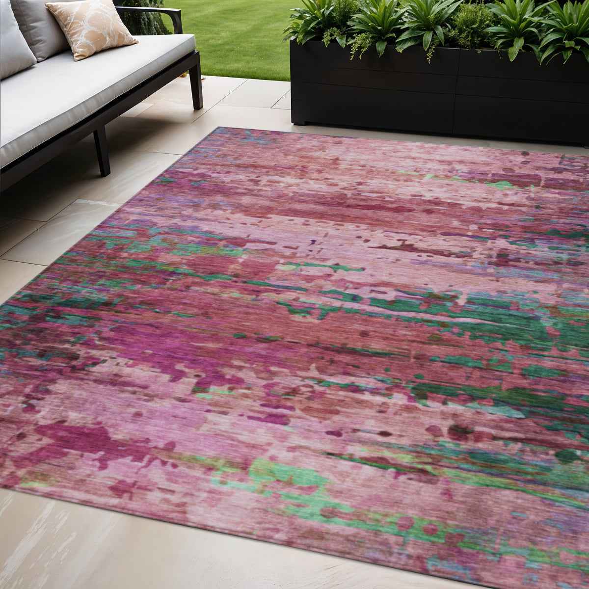 5' X 8' Pink Mauve And Green Abstract Washable Indoor Outdoor Area Rug