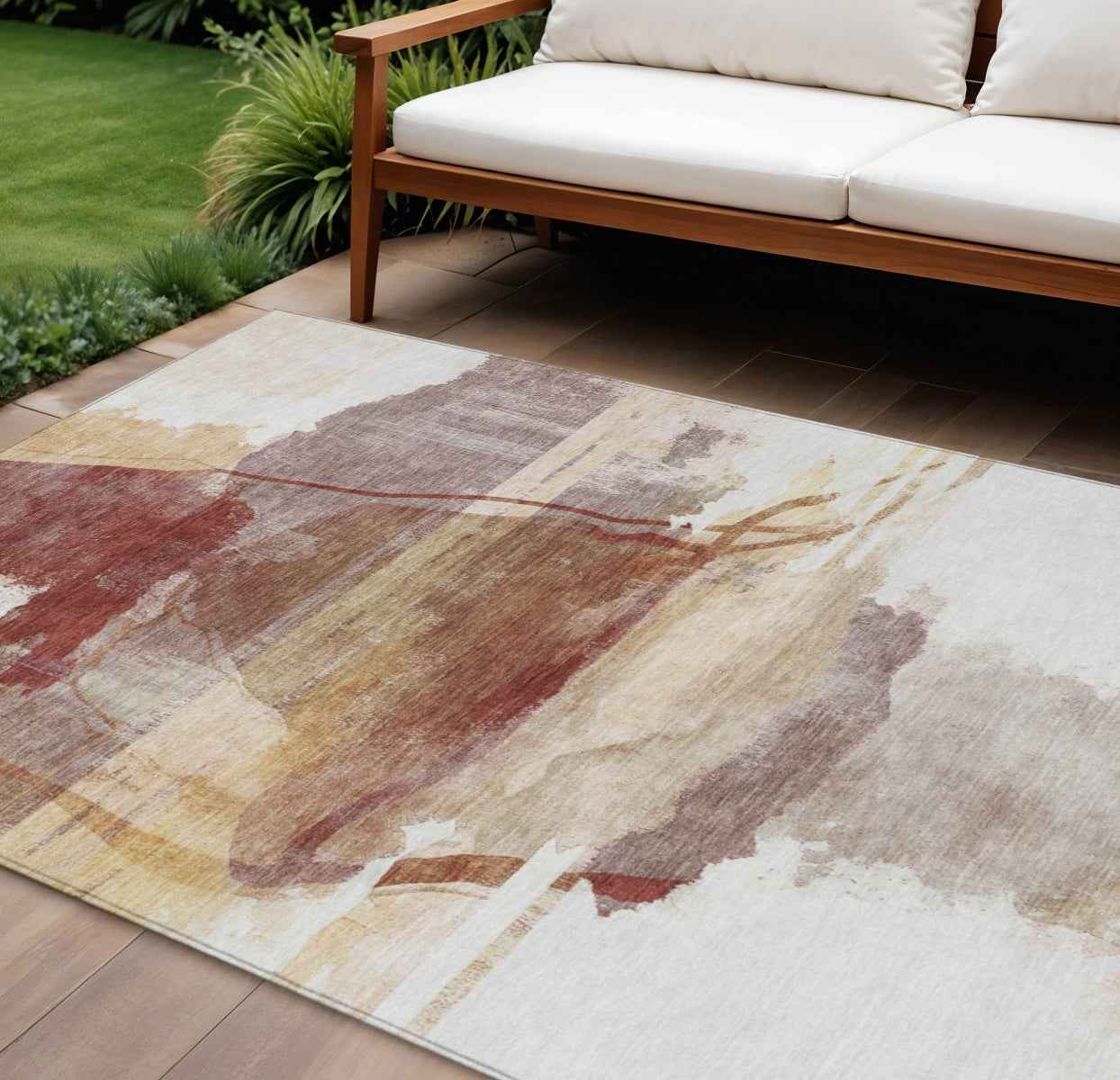 9' X 12' Terra Cotta And Ivory Abstract Washable Indoor Outdoor Area Rug