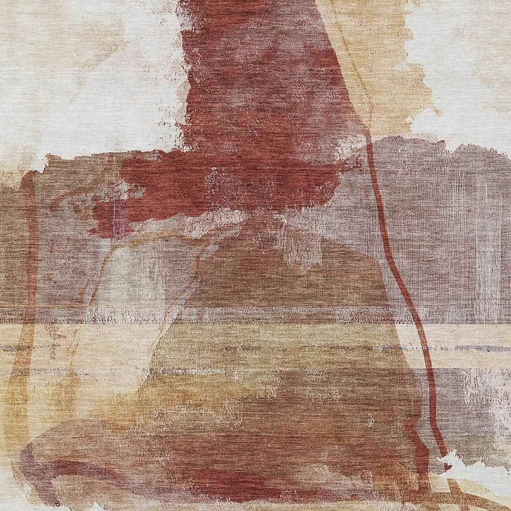 9' X 12' Terra Cotta And Ivory Abstract Washable Indoor Outdoor Area Rug