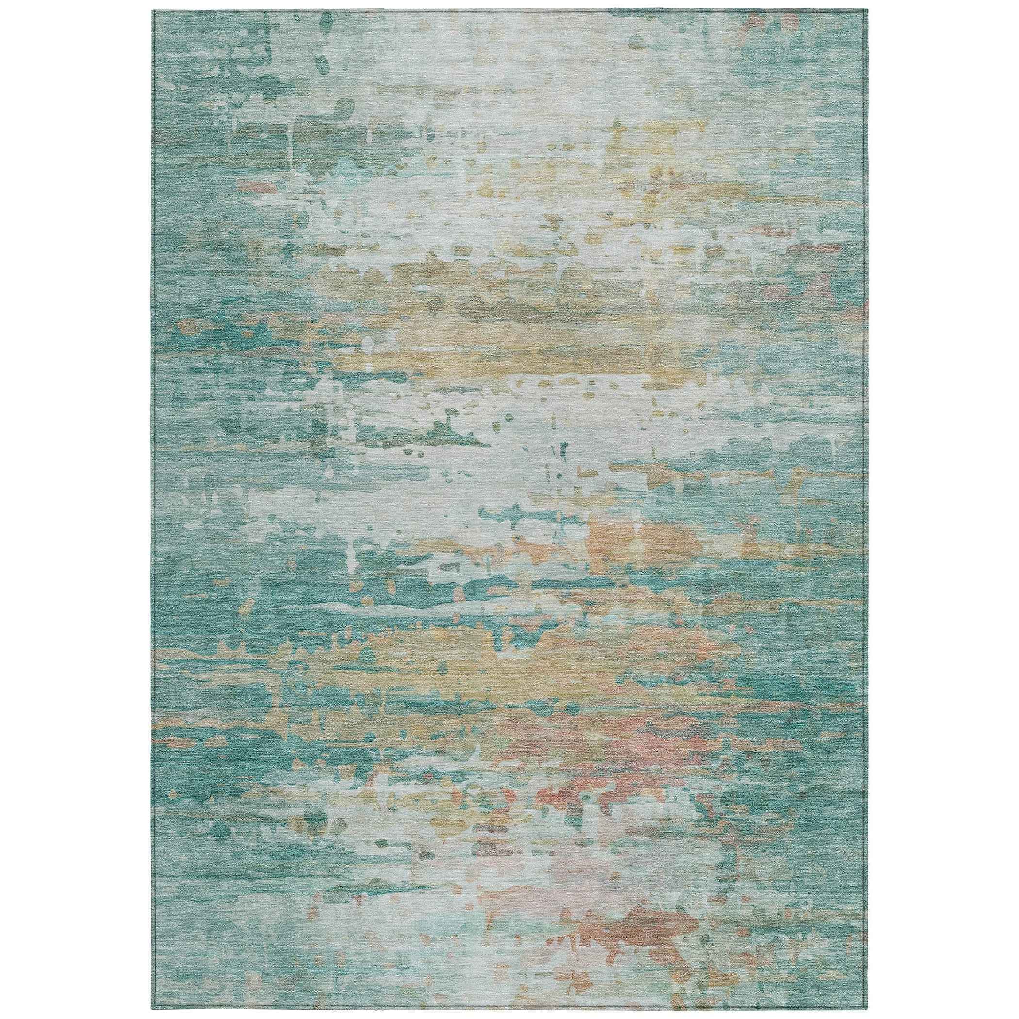 3' X 5' Teal Blue And Beige Abstract Washable Indoor Outdoor Area Rug