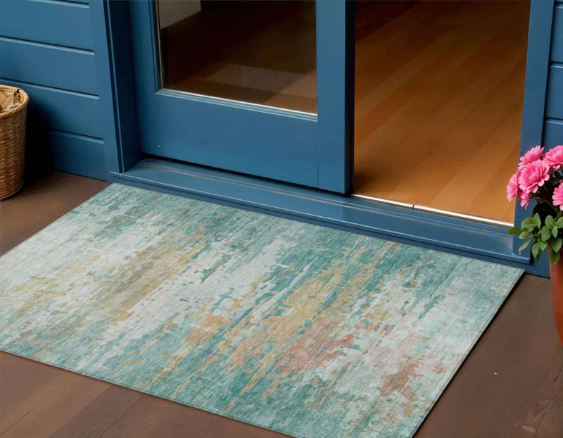 3' X 5' Teal Blue And Beige Abstract Washable Indoor Outdoor Area Rug
